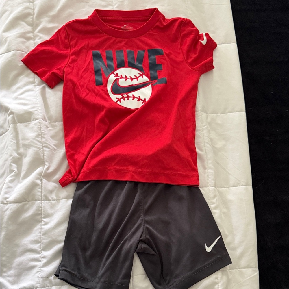 Nike Red Dri-fit Baseball Logo Tee with Gray Athletic Shorts Set